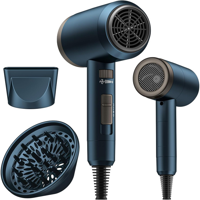 Іонізатор для волосся Föhn, 1800W, з насадкою-дифузором, 3 режими температури, безліч налаштувань швидкості, портативний фен (блакитний)