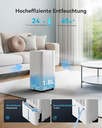 EUHOMY Електричний осушувач повітря 12л/24г, тихий та енергоефективний, з відведенням води, автоматичним розморожуванням, 3 режими, для квартири 25м²/122м³, спальні, підвалу