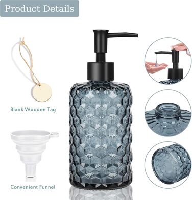 Скляний дозатор для мила 500 мл з хвильовим дизайном для ванної кімнати та кухні, з чорною пластиковою помпою, дерев'яними етикетками та воронкою (вугільно-блакитний)