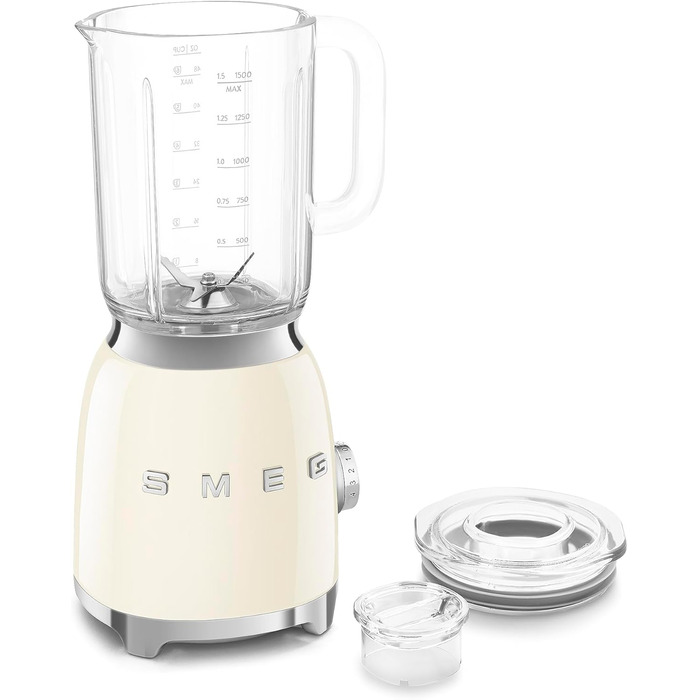 SMEG, BLF03CREU, 1.5 L Stand Mixer, 4 Speed Settings, 4 Automatic Programs, Detachable Double Blade, Transparent Lid Opening with Measuring Cap, Non-Slip Base, 800W, Cream