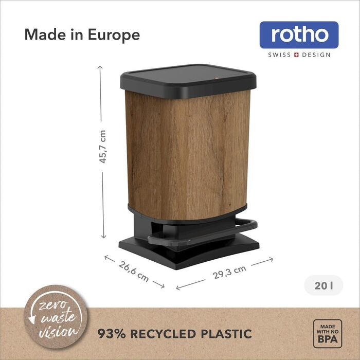 Відро для сміття Ho Paso 20л з кришкою, пластик (PP перероблений), BPA-free, 20л (29.3 x 26.6 x 45.7 см)