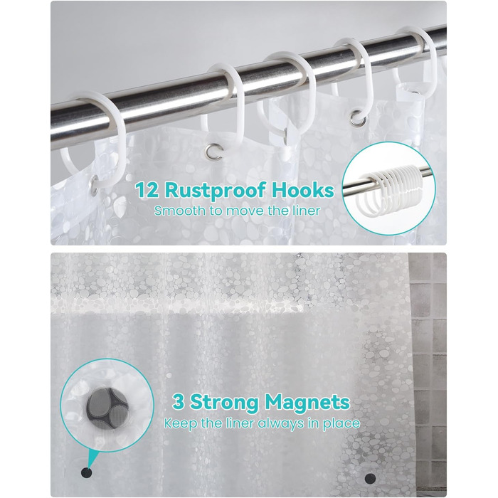 Дзеркальний душовий завіс OTraki 180x200 см, PEVA, антигрибок, з гачками та магнітами