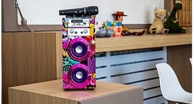 Караоке DYNASONIC з 2 мікрофонами, портативна караоке-машина, Bluetooth-колонки, USB та SD-картрідер, світлові ефекти, подарунок для дітей 5-13 років (025-12 Licht)