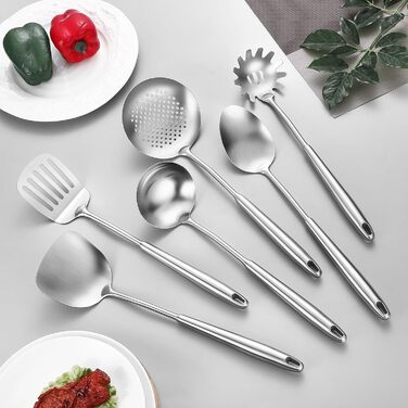 Набір кухонних аксесуарів 304 нержавіюча сталь, 12 предметів - набір кухонних інструментів з лопаткою, половником, ложкою, шумівкою, лопаткою для перевертання, щипцями (безпечно мити в посудомийній машині), сріблястий колір