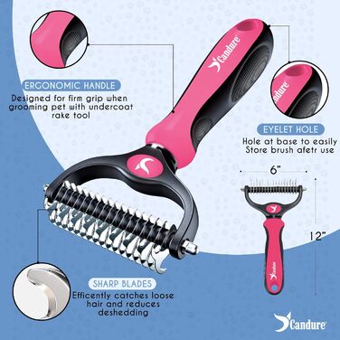 Професійна щітка Candure для собак та котів з довгим волоссям, гребінець, подвійні зубці, 17+9, видаляє ковтуни, шерсть з килимів (блакитний, рожевий)