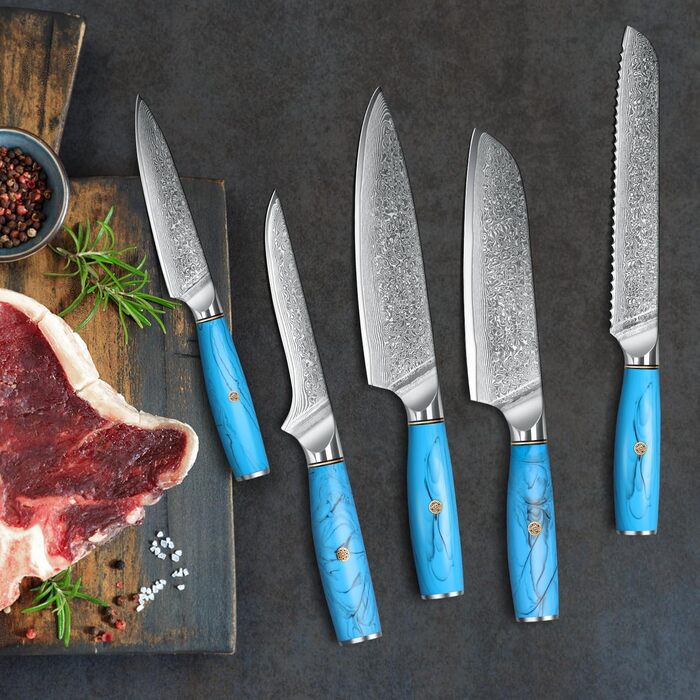 Ніж кухарський Kiritsuke з дамаської сталі, 18.8 см, VG-10, ергономічна ручка з натуральної смоли, подарункова коробка (блакитний)