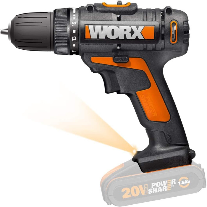 WORX WX101.9 Акумуляторний дриль-шуруповерт 20V – потужний інструмент для свердління та закручування шурупів – двоступеневий діапазон швидкості та 15+1 налаштувань крутного моменту – з LED-підсвічуванням – без акумулятора та зарядного пристрою, патрон 10 