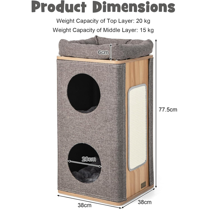 Котячий будиночок SOARS з когтеточкою, 3 яруси, 2 будиночки та ліжко, когтеточний комплекс для котів