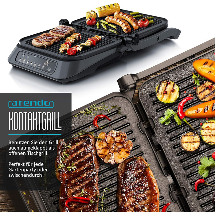 Arendo Electric Grill - Contact Grill, Tabletop Grill & Sandwich Maker with Digital Control - 1900W, 7 Programs, Removable Plates, Stainless Steel