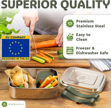 Everusely Ланчбокс Bento Box 0,8 л з нержавіючої сталі з контейнером для спецій та органайзером для перекусів (3 відділення)