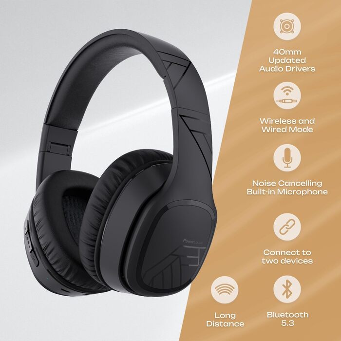 PowerLocus P7 Бездротові навушники Over-Ear, складні, з басами, Hi-Fi стерео, з функцією гучного зв'язку, USB-C зарядка, довгий час роботи, для iPhone/PC/TV, чорний