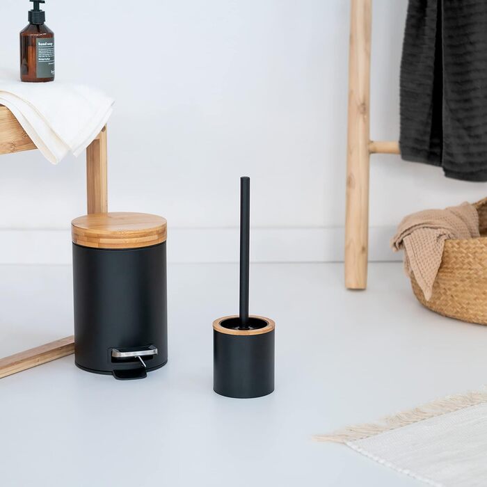 Торгова щітка для унітазу з тримачем з дерева | Силіконова щітка для унітазу з нержавіючої сталі | Тримач для щітки з натурального бамбука | Настільна щітка для ванної кімнати | Чорний колір
