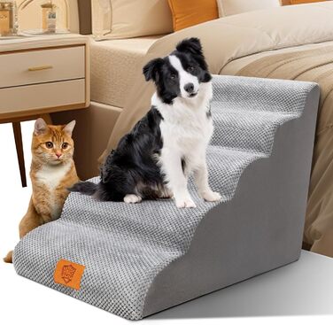 Myiosus Dog Stairs, 2 Steps Pet Stairs, Waterproof Dog Steps Made of Sponge, Non-Slip Dog Ramp for Sofa Bed, Washable Cover Dog Stairs, Portable Cat Stairs (5-Step Dog Stairs, Grey)