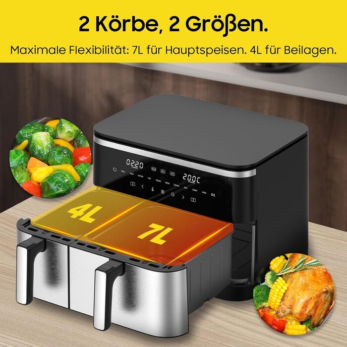 Фритюрниця повітряна подвійна 11л Airfryer, XXL фритюрниця з 2 кошиками, 7л/4л, для основного та гарніру одночасно, 2600W, 10 програм, сенсорний екран, нагадування про струшування