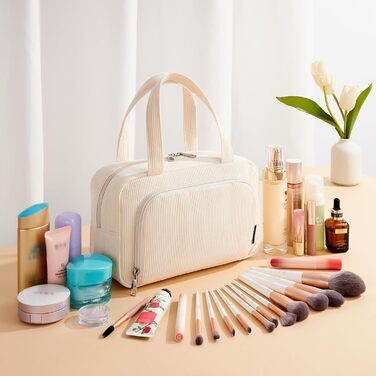 Косметичка жіноча Kalidi з багатьма відділеннями та слотом для пензлів, велика сумка для макіяжу, органайзер для косметики, валізка, темно-зелений (бежевий)