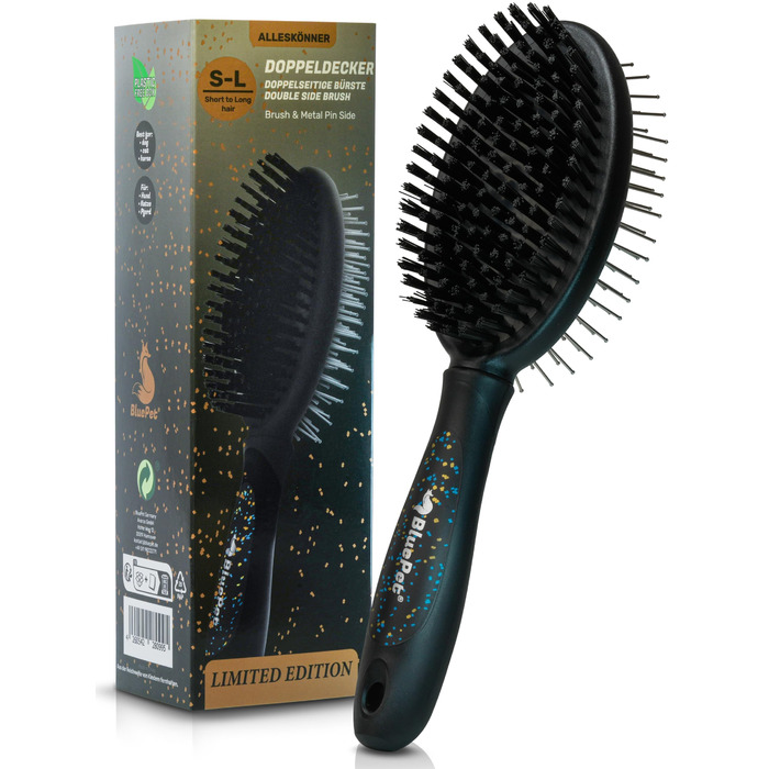 Щітка для собак BluePet 2в1 для довгої та короткої шерсті, для цуценят та котів. Розчісування, вирівнювання, вибирання. Універсальна щітка з щетиною (Чорний, Лімітована серія, M-L)