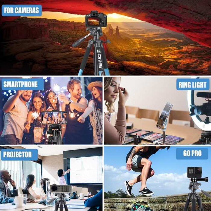 Штатив ZOMEi 188см - професійний для фото та відео, сумісний з DSLR, телефонами, проекторами (чорний, блакитний)