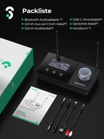 SOOMFON Bluetooth 5.3 Передавач-Приймач для 2 навушників, 3-в-1 Аудіоадаптер з подвійною антеною, Bluetooth Передавач-Приймач для ТВ/Стереосистеми, з регулюванням гучності, Aux/Cinch/Оптичний