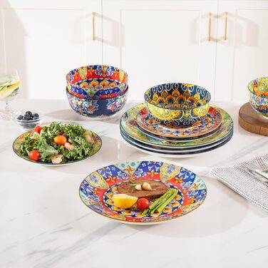 Набір посуду Sweejar Home Keramik для 4 осіб (12 предметів): порцелянові тарілки та миски, богемний стиль, для кухні, сумісний з мийкою та мікрохвильовкою