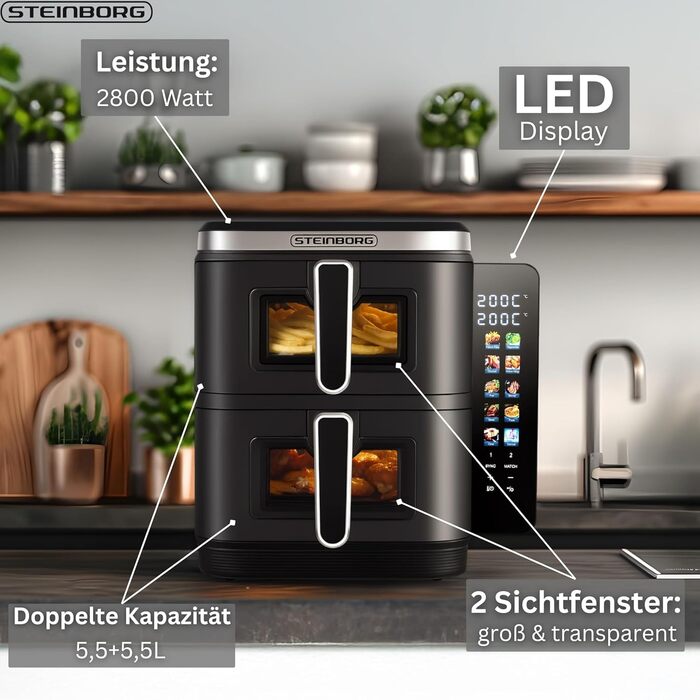 Фритюрниця Steinborg® з подвійною камерою, 11 літрів, фритюрниця без олії, гриль, духовка, сушка, 2 вертикальні шухляди (5,5л+5,5л)