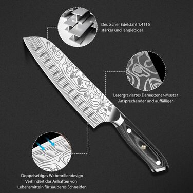 Ніж Santoku MOSFiATA 18 см кухонний, сталь EN 1.4116, дерев'яна ручка - гострий ніж для кухні