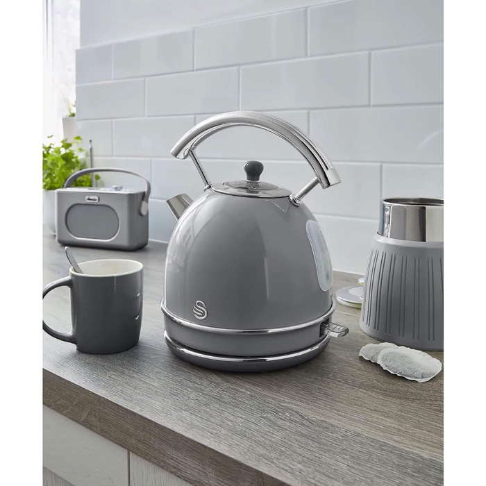 Swan Retro Electric Kettle - 1.8L, Vintage Design, Automatic Shut-Off, Cordless, BPA-Free Stainless Steel, 3000W, Grey