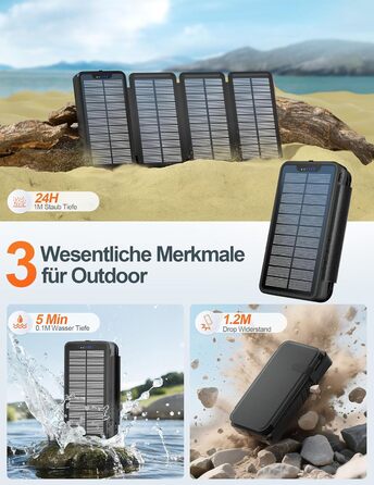 Сонячний павербанк 26800mAh elzle з 2 USB-A виходами та 1 USB-C входом, вологостійкий зовнішній акумулятор з 4 сонячними панелями та ліхтариком для смартфонів, планшетів, кемпінгу, чорний