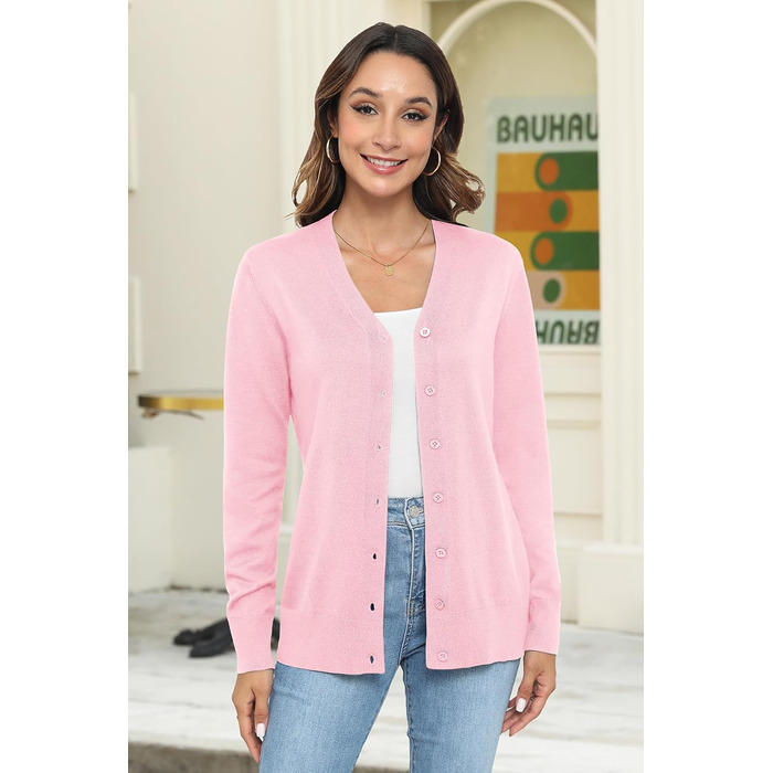 Жіноча легка в'язана жилетка з довгим рукавом, в'язаний пуловер з V-подібним вирізом, вінтажна класична жилетка на ґудзиках (S, Рожевий)