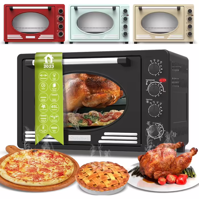 Turbotronic Retro Mini Oven with Convection 45L black, red, blue, beige 2000W, Mini Oven, Pizza Oven, Grill