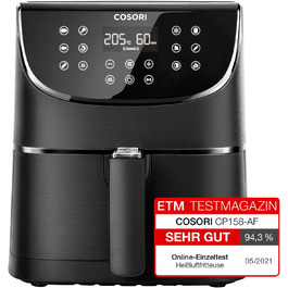 Аерофритюрниця COSORI 11-в-1 XXL 5,5 л, енергозберігаюча, чорна, з функцією Shake Reminder, 100 рецептів, кошики для посудомийки