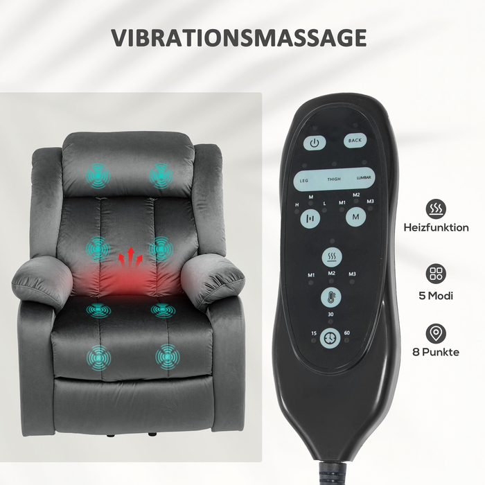 HOMCOM TV Chair with Rise Assist, Electric Recliner with Lie-flat Function, Vibration Massage, Heating Function, TV Chair with Pocket Coil Spring, Side Pocket and Remote Control, Dark Grey | Aosom