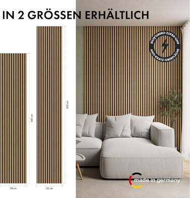 Акустичні настінні панелі Momento з натурального дуба 240x50 см (5 шт), ламелі для шумоізоляції, колір дуб натуральний, чорний фетр, Made in Germany