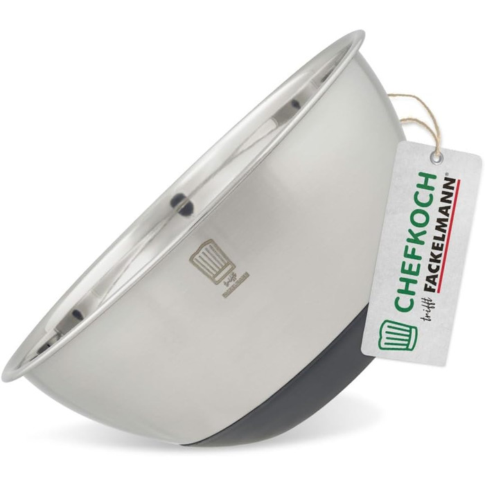 Нержавіюча чаша Chefkoch від FACKELMANN Bonn з антиковзним силіконовим дном – ідеальна для салатів, тіста та іншого. Об'єм 1,25 л (чаша 2,5 л), діаметр 17,7 см, придатна для миття в посудомийній машині.