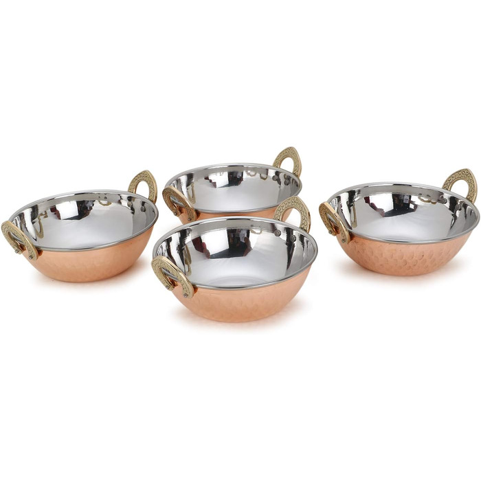 Zap Impex Traditional Indian Serving Bowl Copper Stainless Steel Hammered Karahi Indian Dishes and Portion Curry Serving Dishware for Household and Kitchen (15 cm) 400 ml 4-Piece Set