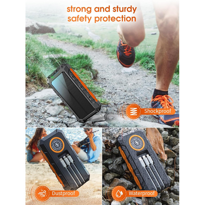 Портативний зарядний акумулятор 52800 mAh з сонячною зарядкою та бездротовою зарядкою, водонепроникний, 5 виходів, 3 входи, ліхтарик, карабін, QC 30W та USB-C PD 20W для мобільних телефонів (Оранжевий)