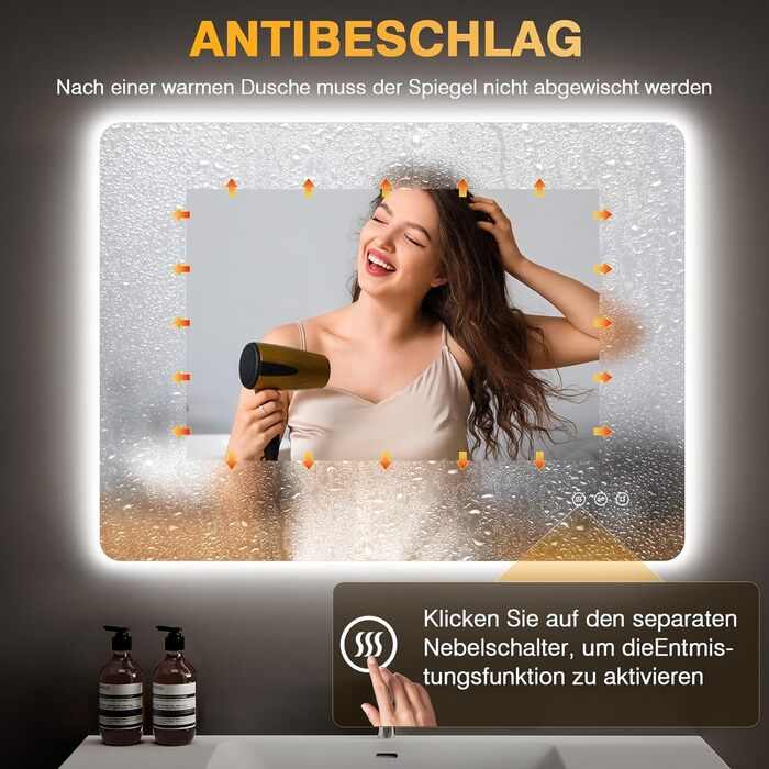 Дзеркало для ванної кімнати з підсвічуванням LED, 100x60 см, 3 кольори світла, регулювання яскравості, пам'ять, сенсорне управління, IP44, захист від вологи