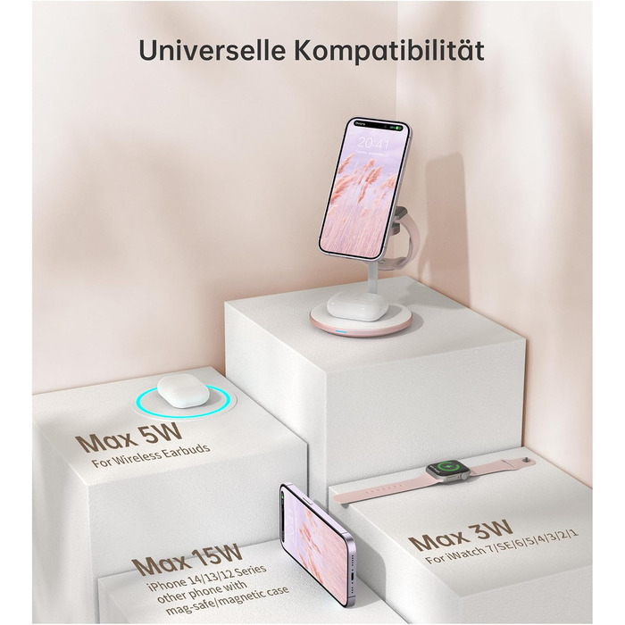База для бездротової зарядки 3-в-1: iPhone, iWatch, AirPods. 15W, MagSafe, рожеве золото