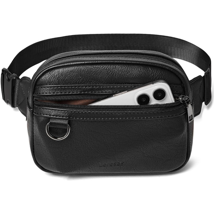 Чоловіча та жіноча поясна сумка, 2 л, веганська шкіра, коричнева, 8 дюймів, для подорожей, піших прогулянок, бігу. Модна бананка (чорна)