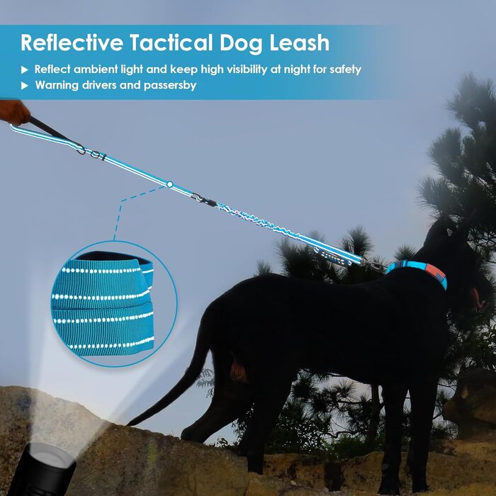 Тактична повідок для собак AUBELL, міцна, світловідбиваюча, без натягу, з амортизатором, для середніх та великих собак, з м'якою ручкою, страхувальний ремінь для авто, поворот на 360°, зелений (M-L, синій)