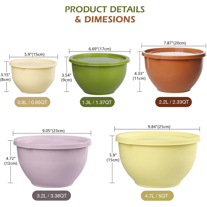 Набір салатниць з кришкою, міски для перемішування з пластику, набір вкладишів для кухні, великий набір місок, сервіровочні тарілки ідеальні для змішування та подачі, BPA-free (Жовтий)