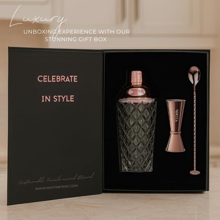 Набір шейкерів для коктейлів зі склом та ситом, 5 шт., 450 мл, з мірним стаканчиком та барною ложкою з пестиком, подарункова коробка (рожеве золото)