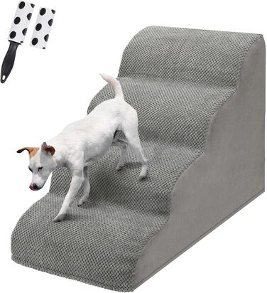 LIANTRAL Dog Stairs, 3 Steps Dog Staircase for Bed and Sofa, Made of High-Density Sponge, Cat Stairs Dog Ramp with Removable, Washable Cover and Pet Hair Remover Roller, 40 cm High (4 Steps Grey)