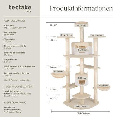 Кігтеточка Tectake® XXL для котів, велика, з аксесуарами: іграшки, лежанка, 2 будиночки, кігтеточка з сизалевого мотузка, висока - сірий/білий (бежевий/білий)