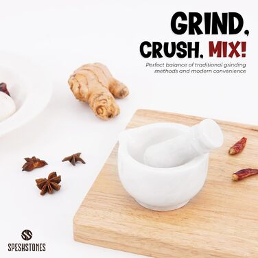 Набір ступки та пестика з мармуру, 7,6 см, ручної роботи, для кухні та декору, подрібнювач спецій та трав (білий)