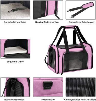 Транспортна сумка для кота/собаки, складана переноска для домашніх тварин середнього розміру (51x33x33 см, рожева)