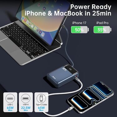 Power Bank Hichain 65W 20000mAh USB-C з кабелем, LED-дисплей, для MacBook, iPhone, Samsung, iPad, планшетів - Синій