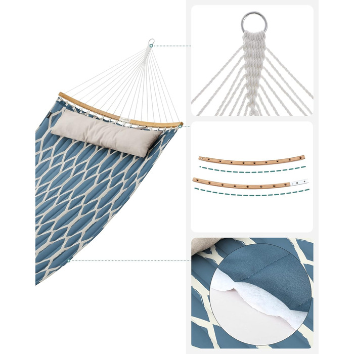 Гамак SONGMICS з підкладкою та подушкою, 200x140 см, бамбукові дуги, до 225 кг, сірі та бежеві ромби