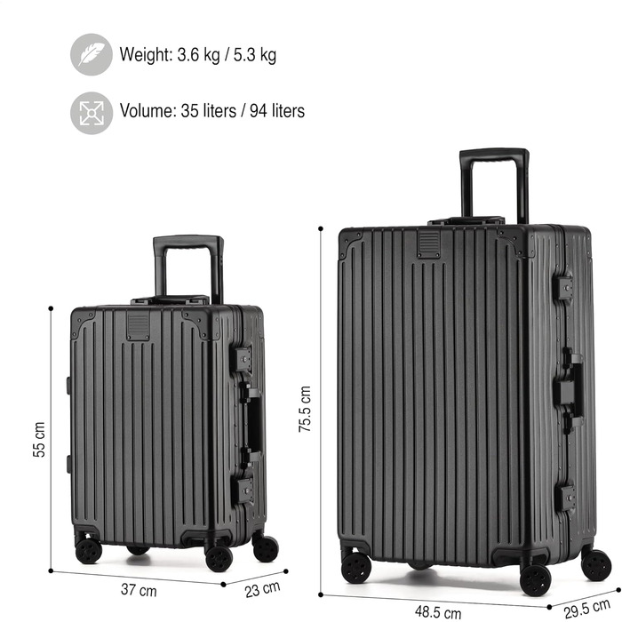 KOFA Zurich: Набір валіз 2 шт. (M-55см, XL-75см) з алюмінієвим каркасом та міцною полікарбонатною оболонкою. Carry-on + Check-in, спіннер з 4 колесами, TSA-замок, 35L + 94L (Чорний)