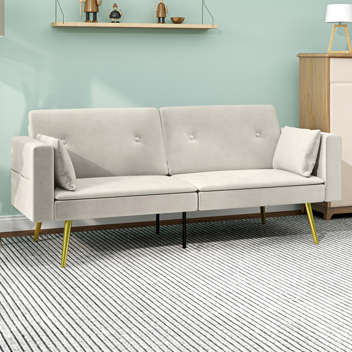 HOMCOM Sleeper Sofa, Convertible Sofa with Adjustable Backrest, Side Pocket, Upholstered 2-Seater Sofa Bed with Sleeping Function, Cushions, for Living Room, Bedroom, Beige | Aosom