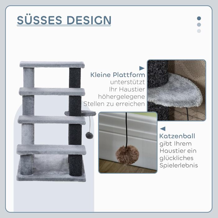 PawHut 4-Step Pet Stairs with Scratching Posts, Ball, Dog Stairs, Animal Stairs for Cats up to 5 kg, Plush Jute Grey, 60 x 40 x 64 cm